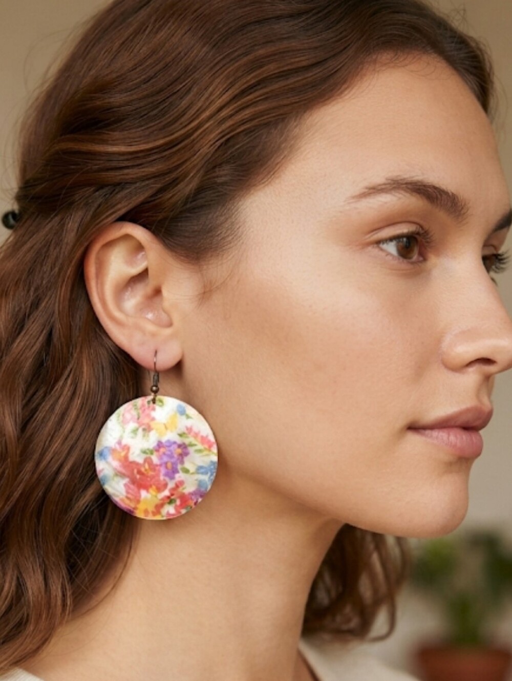 Vibrant Hand-Painted Floral Mother Of Pearl Shell Drop Earrings  Boho Iridescent
